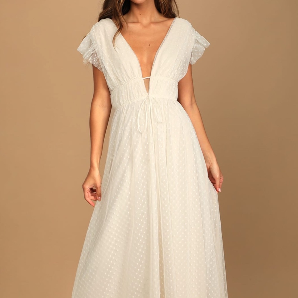 Lulu's Bridal Shower Dress, Yours Evermore Cream Swiss Dot Ruffled Midi Dress